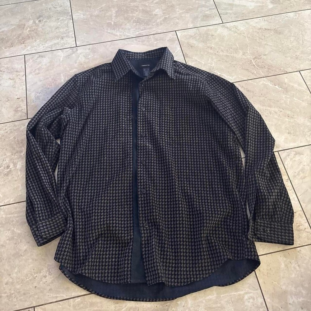 Claiborne Vintage 90s Mens XL Black Blue Houndstooth Cotton Button Up Shirt